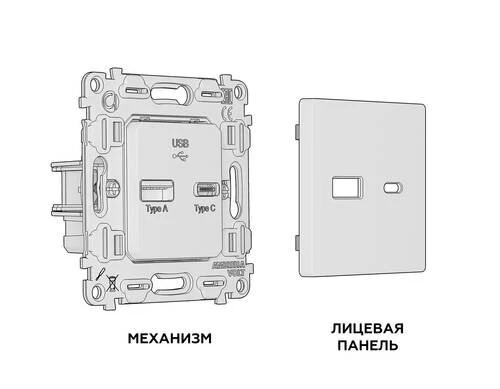 Комплект механизма розетки ALFA Графит мягкое касание 2USB A+C 20W (быстрая зарядка) QUANT (AP9110, VM177) (Ambrella Volt, MA911010) - Amppa.ru